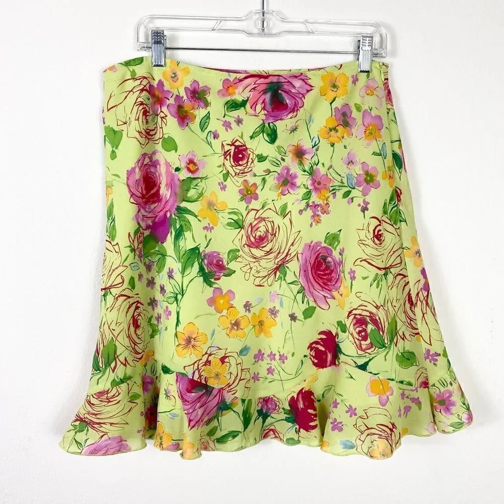 (14 petite) Vintage y2k Worthington Green & Pink Floral Knee Length Skirt